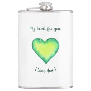 I Love You Cute Green and Blue Heart Birthday Hip Flask