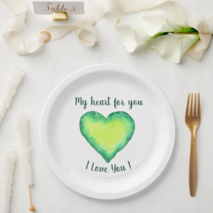 I Love You Cute Green and Blue Heart Birthday Paper Plate