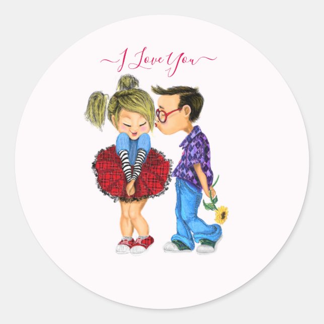 I Love You - Cute Romantic Couple - Love - Kiss Classic Round Sticker (Front)