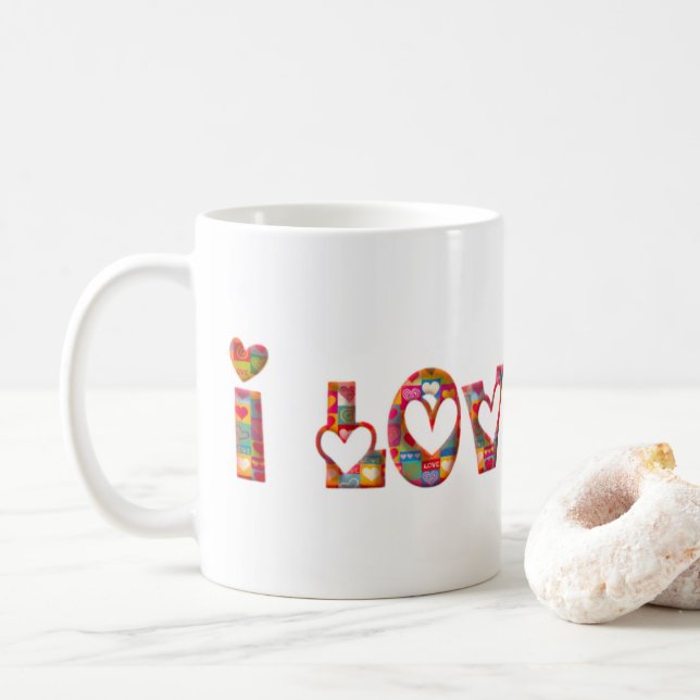 I Love You Cute Romantic Hearts Typography Coffee Mug (With Donut)