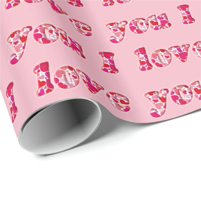 I Love You Cute Romantic Pink Hearts Typography Wrapping Paper (Roll Corner)