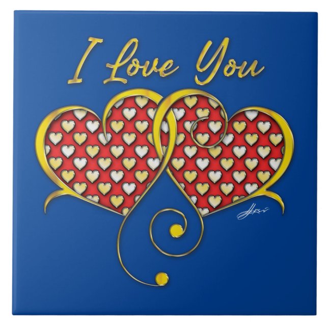 I Love You Design Gold Hearts Tile (Front)