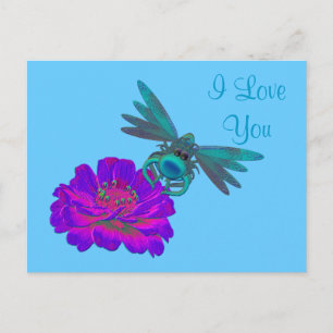 I Love You Dragonfly Zinnia Flower Postcard