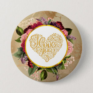 I Love You Fancy Golden Heart with Floral Frame 7.5 Cm Round Badge