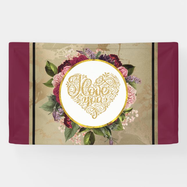 I Love You Fancy Golden Heart with Floral Frame Banner (Horizontal)
