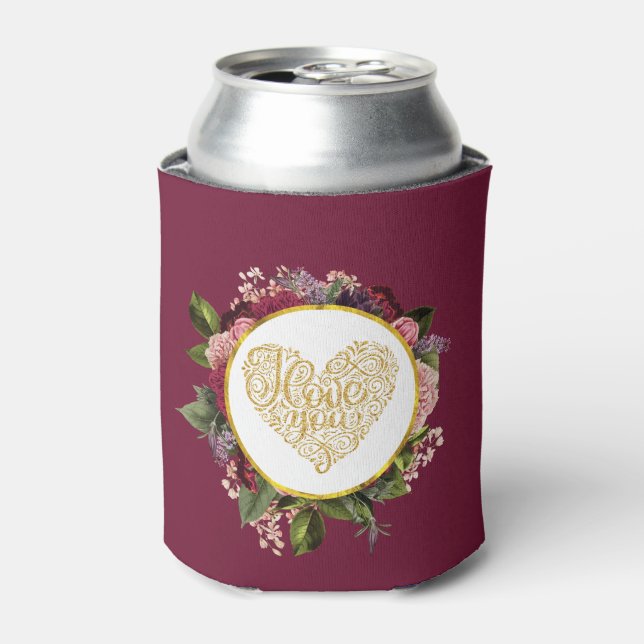 I Love You Fancy Golden Heart with Floral Frame Can Cooler (Can Front)
