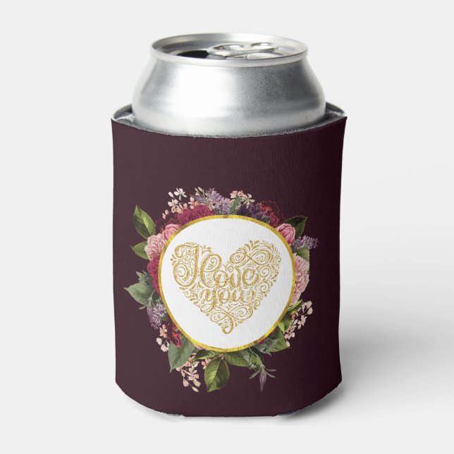 I Love You Fancy Golden Heart with Floral Frame Can Cooler (Can Front)