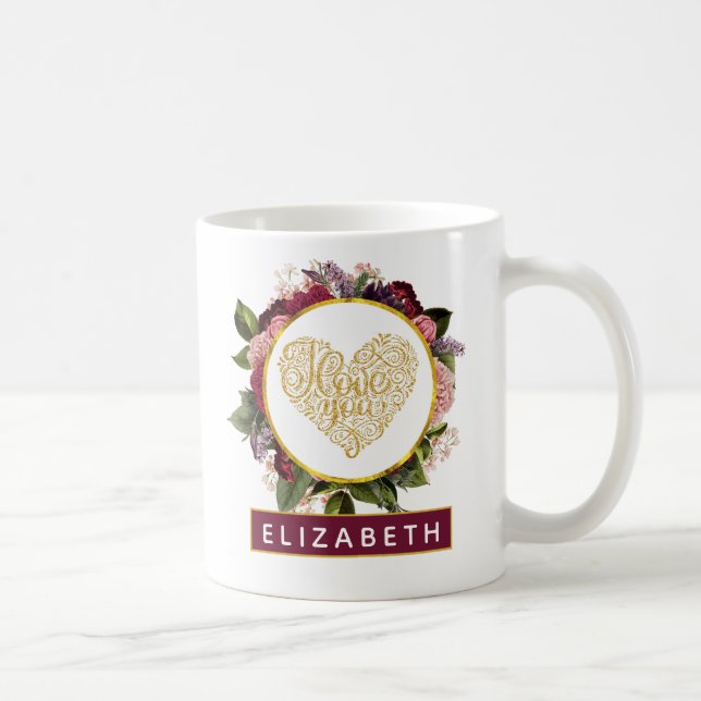 I Love You Fancy Golden Heart with Floral Frame Coffee Mug (Right)