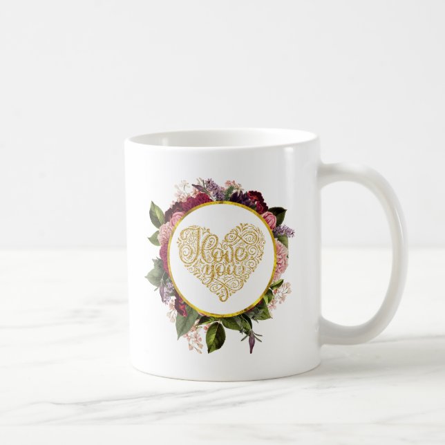 I Love You Fancy Golden Heart with Floral Frame Coffee Mug (Right)