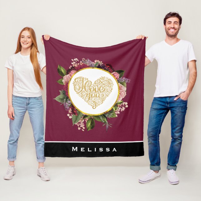 I Love You Fancy Golden Heart with Floral Frame Fleece Blanket (In Situ)