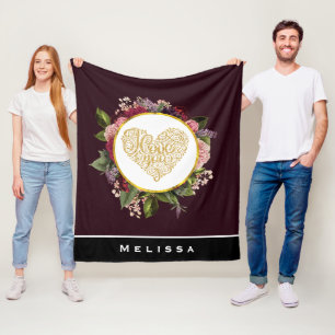 I Love You Fancy Golden Heart with Floral Frame Fleece Blanket