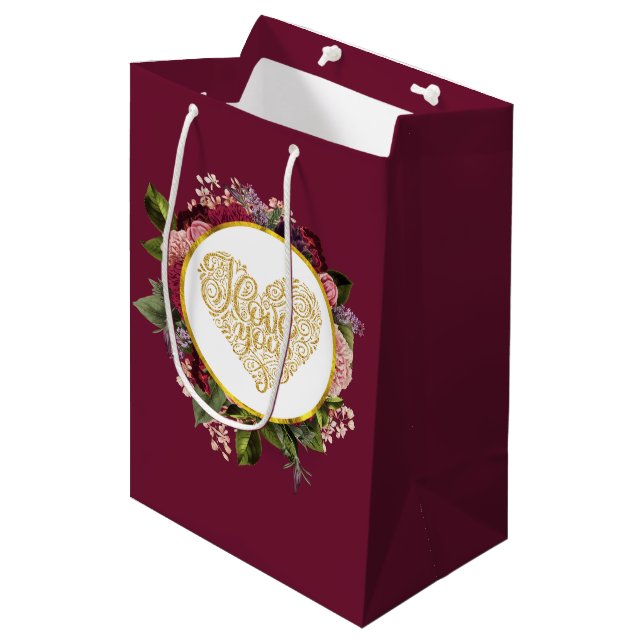 I Love You Fancy Golden Heart with Floral Frame Medium Gift Bag (Front Angled)