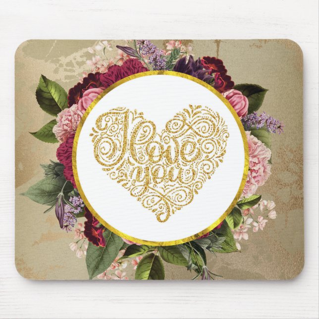 I Love You Fancy Golden Heart with Floral Frame Mouse Mat (Front)