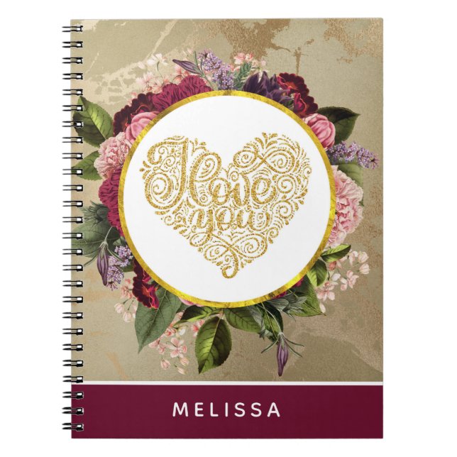 I Love You Fancy Golden Heart with Floral Frame Notebook (Front)