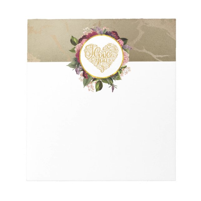 I Love You Fancy Golden Heart with Floral Frame Notepad (Front)