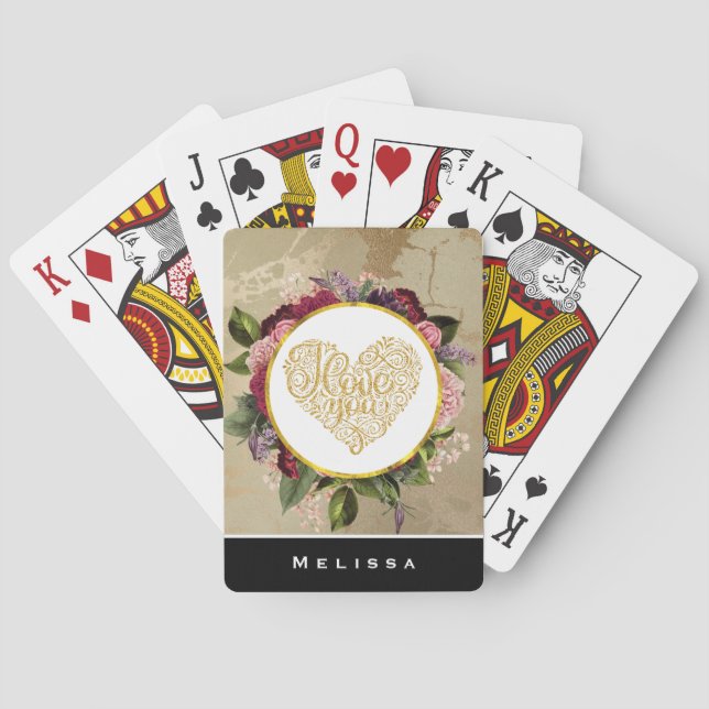 I Love You Fancy Golden Heart with Floral Frame Playing Cards (Back)