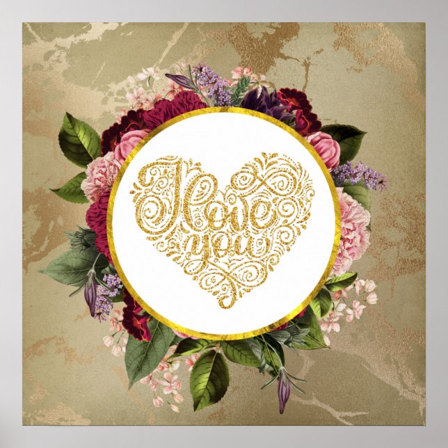 I Love You Fancy Golden Heart with Floral Frame Poster (Front)