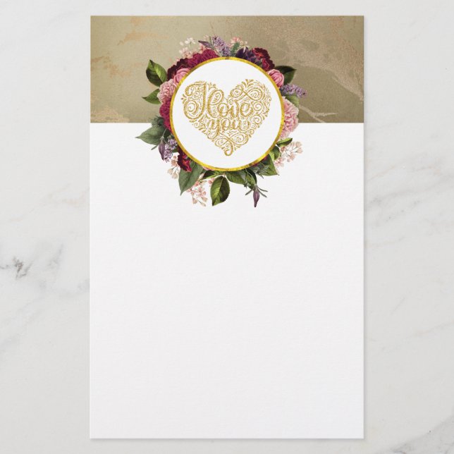 I Love You Fancy Golden Heart with Floral Frame Stationery (Front)
