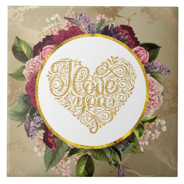 I Love You Fancy Golden Heart with Floral Frame Tile (Front)