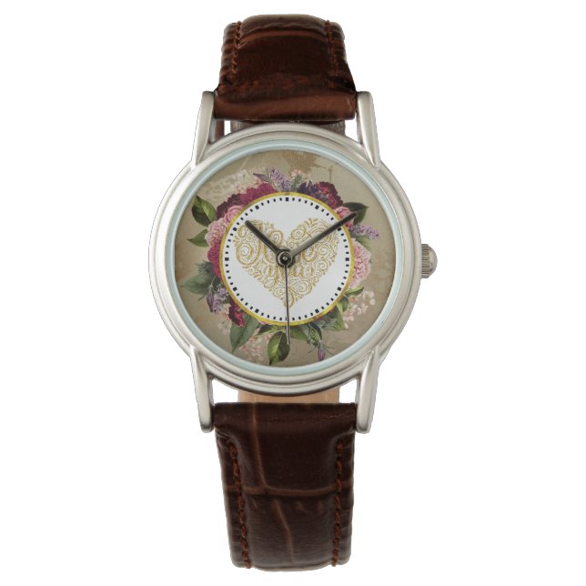 I Love You Fancy Golden Heart with Floral Frame Watch (Front)