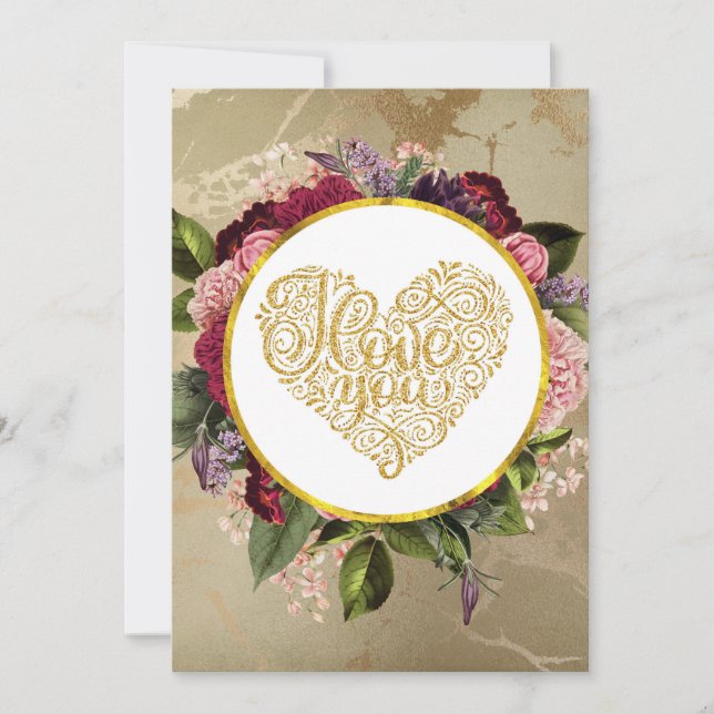 I Love You Fancy Golden Ornate Heart Holiday Card (Front)
