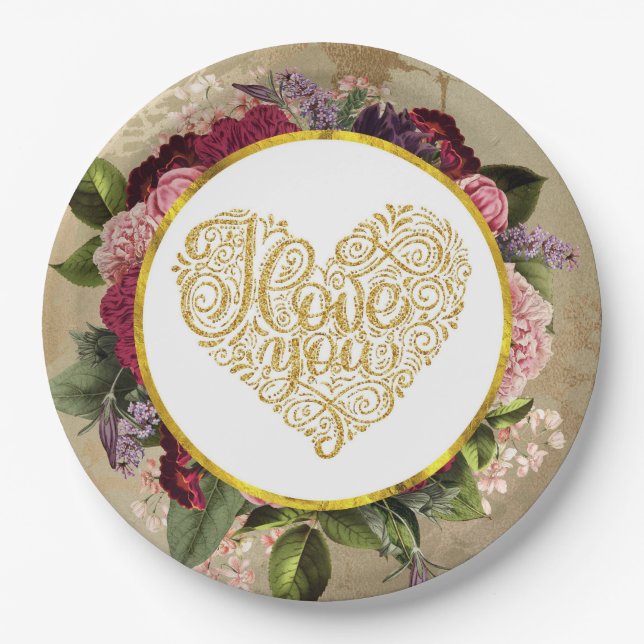 I Love You Fancy Golden Ornate Heart Paper Plate (Front)