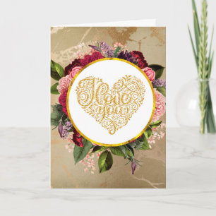 I Love You Fancy Golden Ornate Heart Valentine's Card