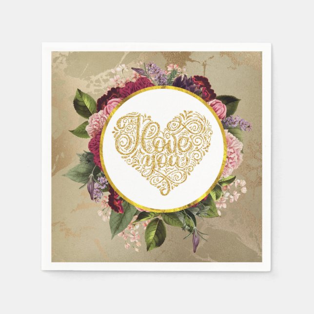 I Love You Fancy Golden Ornate Heart with Florals Napkin (Front)