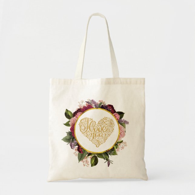 I Love You Fancy Golden Ornate Heart with Florals Tote Bag (Front)