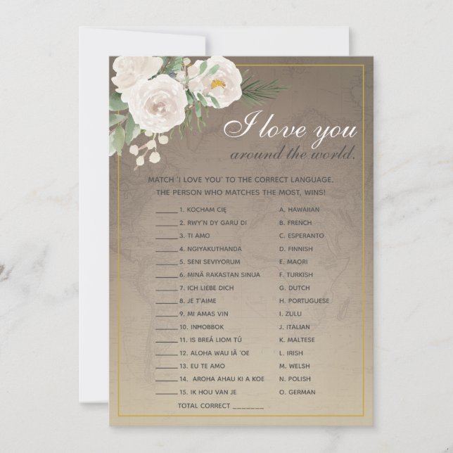I Love You Foreign Words Bridal Shower Game Invitation (Front)