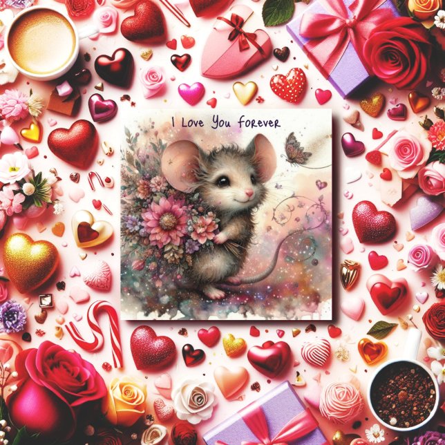 I Love You Forever Flower Bouquet Mouse Valentine  Holiday Card (Creator Uploaded)