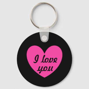 "I love you" fuchsia heart on black Key Ring