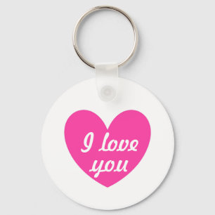 "I love you" Fuchsia heart on white Key Ring