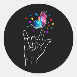 I Love You Hand Sign Language Butterfly Autism Awa Classic Round Sticker