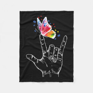 I Love You Hand Sign Language Butterfly Autism Awa Fleece Blanket