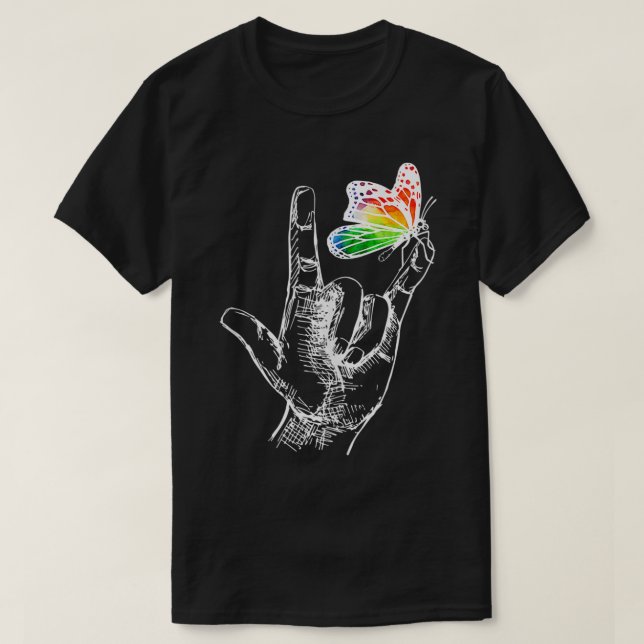I Love You Hand Sign Language Butterfly Autism Awa T-Shirt (Design Front)