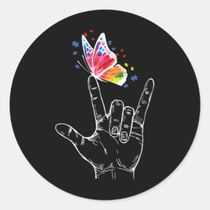 I Love You Hand Sign Language Butterfly Autism Classic Round Sticker