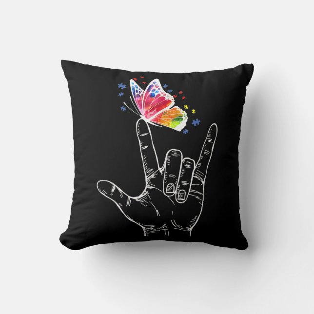 I Love You Hand Sign Language Butterfly Autism Cushion (Front)