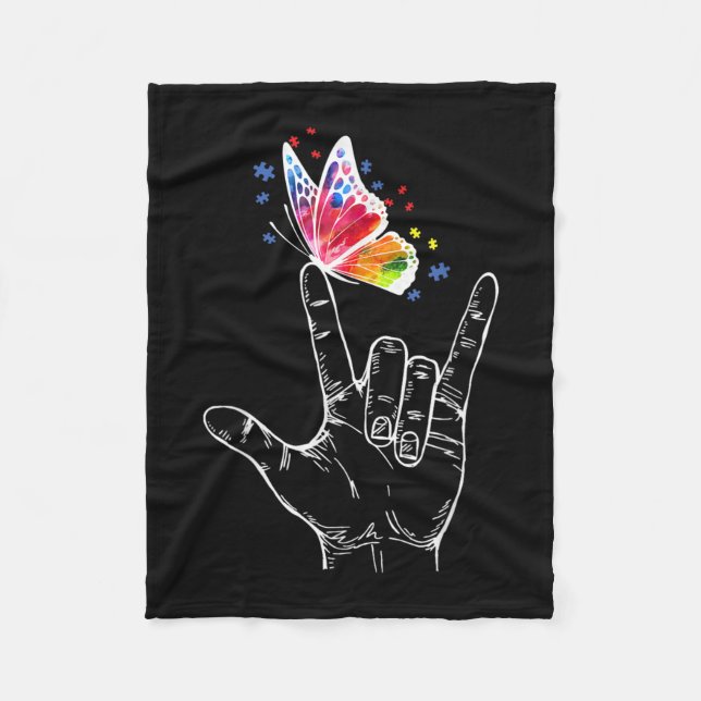 I Love You Hand Sign Language Butterfly Autism Fleece Blanket (Front)