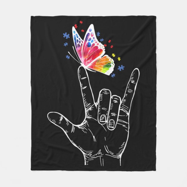 I Love You Hand Sign Language Butterfly Autism Fleece Blanket (Front)