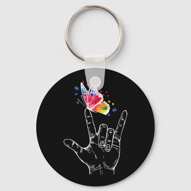 I Love You Hand Sign Language Butterfly Autism Key Ring (Front)
