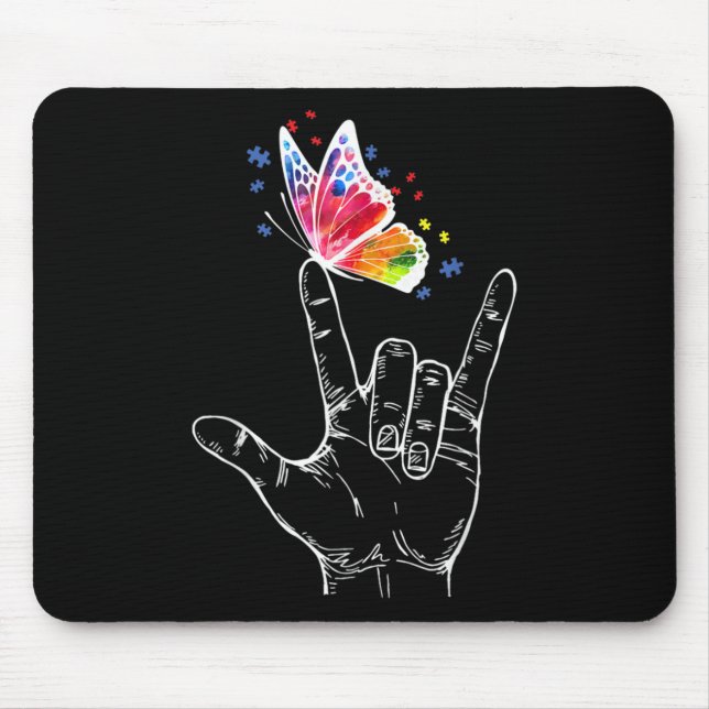 I Love You Hand Sign Language Butterfly Autism Mouse Mat (Front)