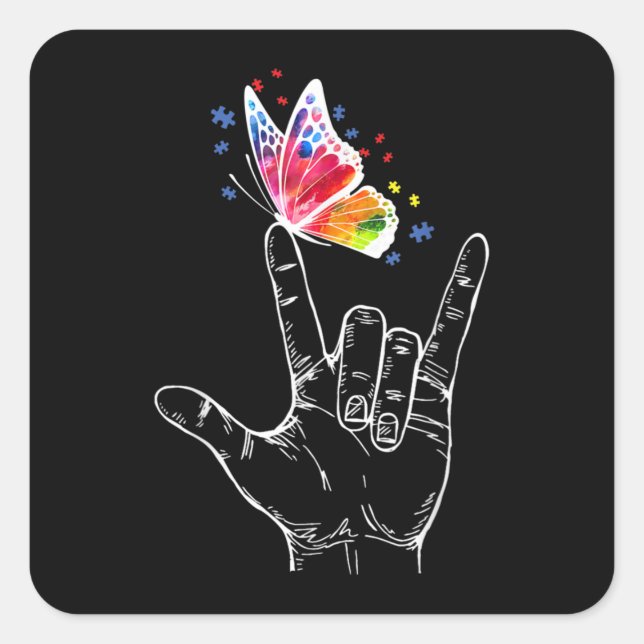 I Love You Hand Sign Language Butterfly Autism Square Sticker (Front)