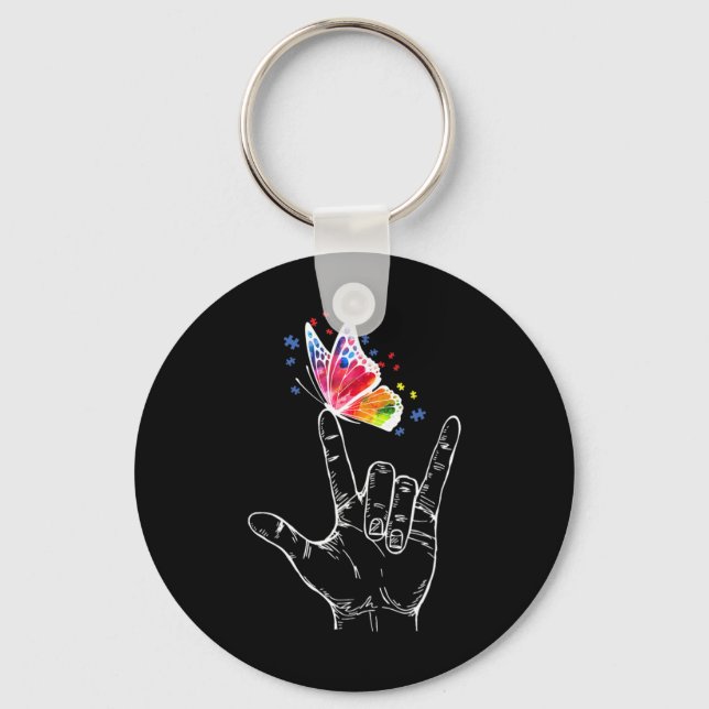 I Love You Hand Sign Language Butterfly Puzzle Pie Key Ring (Front)