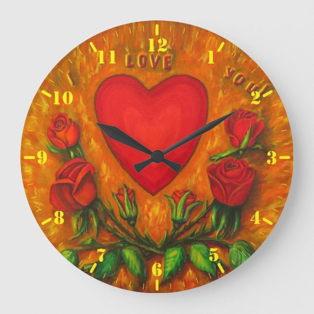 I Love You - heart and roses Large Clock (Front)