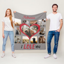 I Love You Heart Photo Collage Stylish Red Script Fleece Blanket