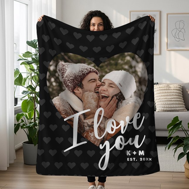 I Love You Heart Photo & Initials Fleece Blanket (Creator Uploaded)
