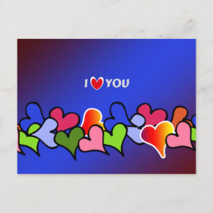 i love you, hearts galore colourful design postcard