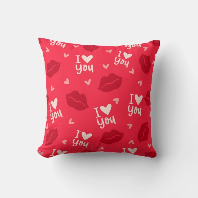 I Love You Hearts Lips Kisses Red Romantic Cushion (Front)