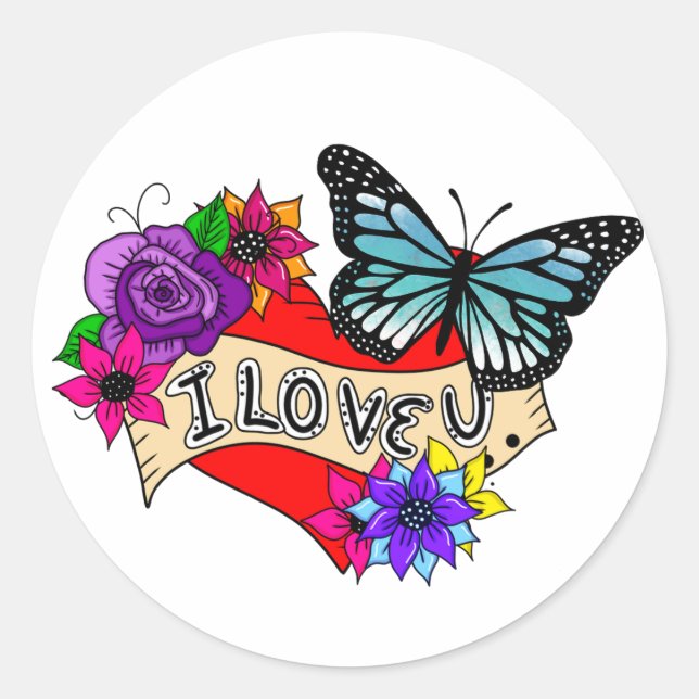 I Love You | Hearts, Roses and Butterflies Classic Round Sticker (Front)